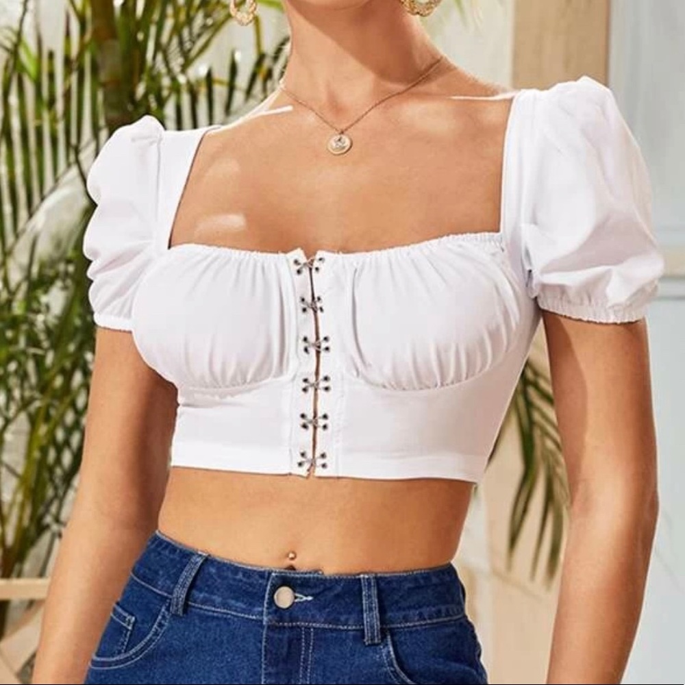 SHEIN White Puff Sleeve Hook & Eye Bustier Top